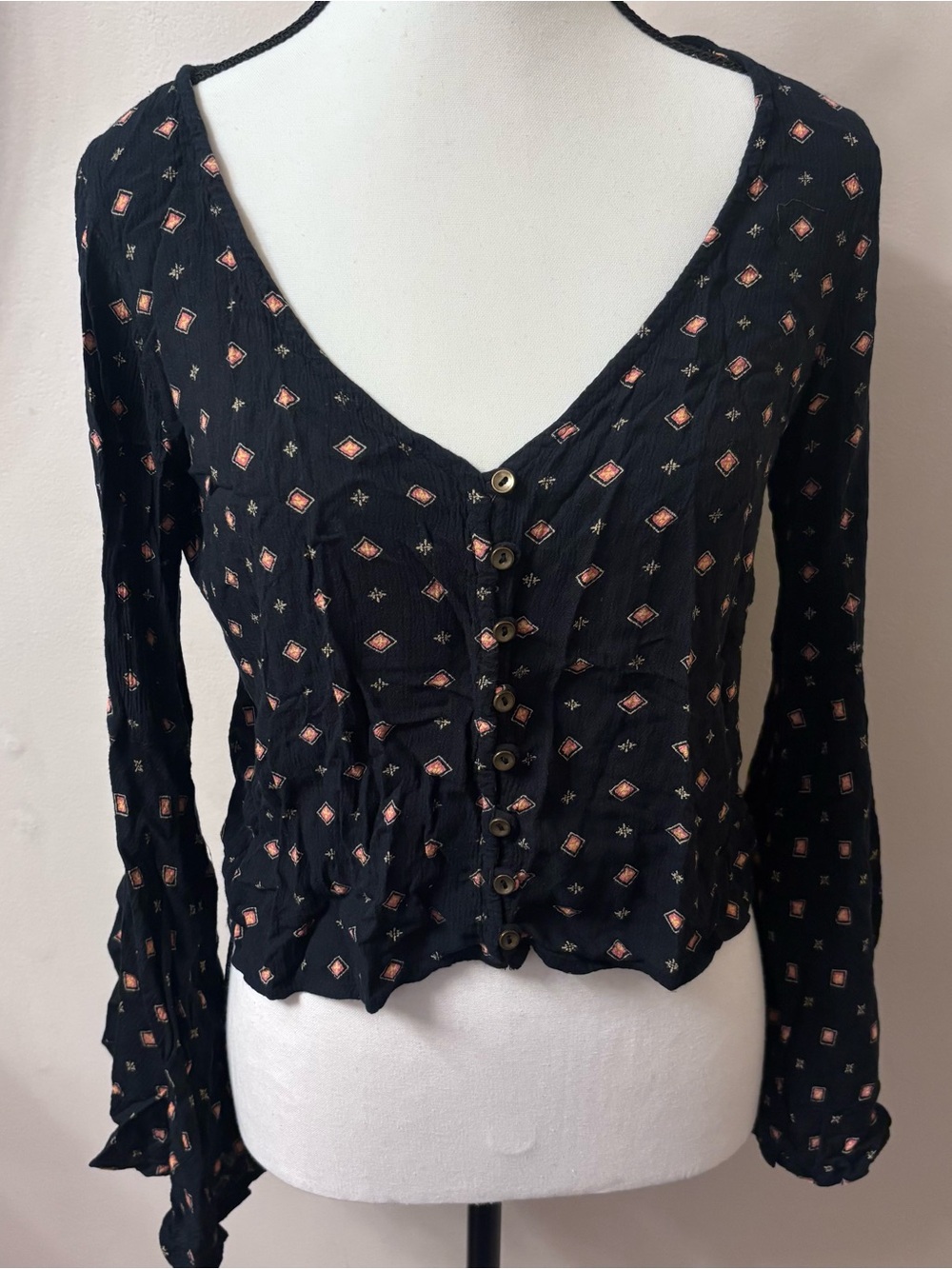 Billabong Black Button-Front Long Sleeve Blouse with Pink Geo Motif